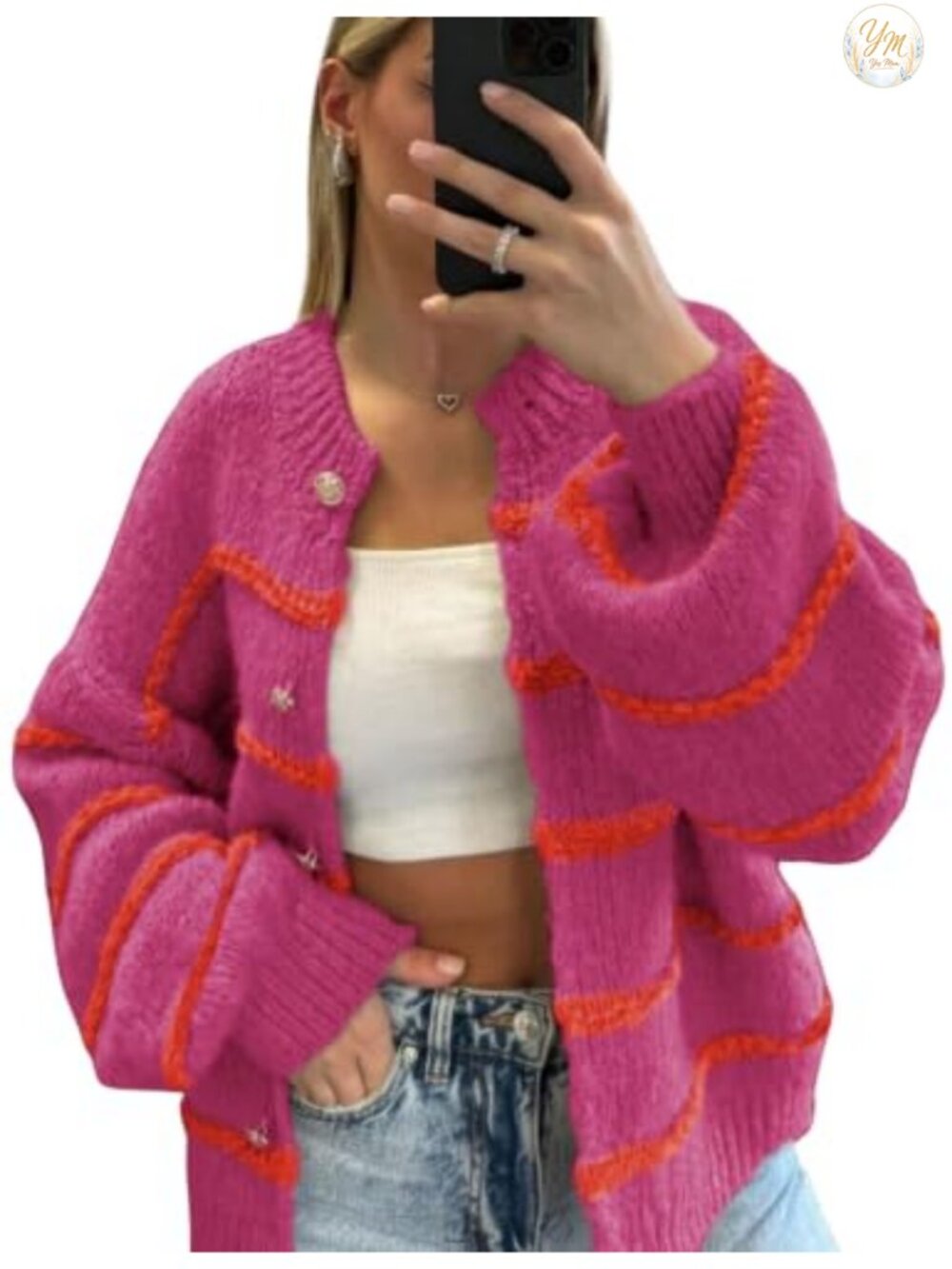Women's Striped Knit Cardigan Sweater Long Sleeve Button Down